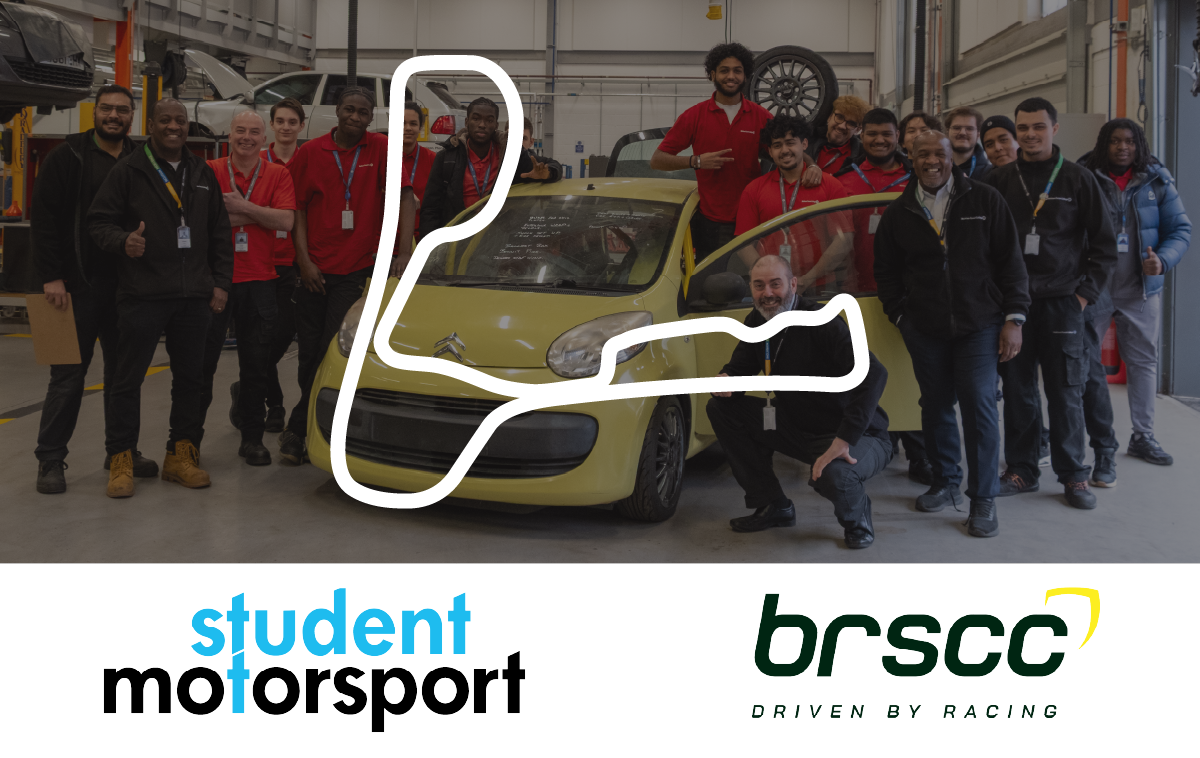 Student stand in front and around their Citroen C1 race car. The racetrack layout is layered on top of the image.