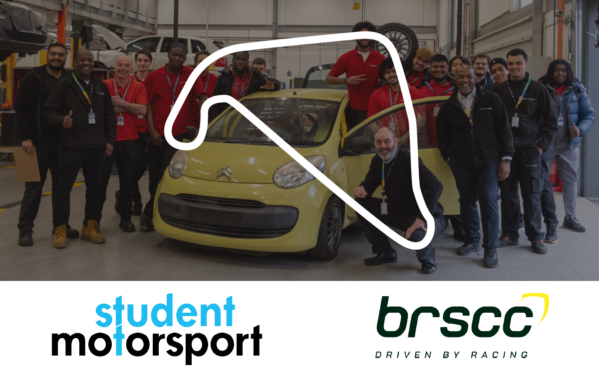 Student stand in front and around their Citroen C1 race car. The racetrack layout is layered on top of the image.