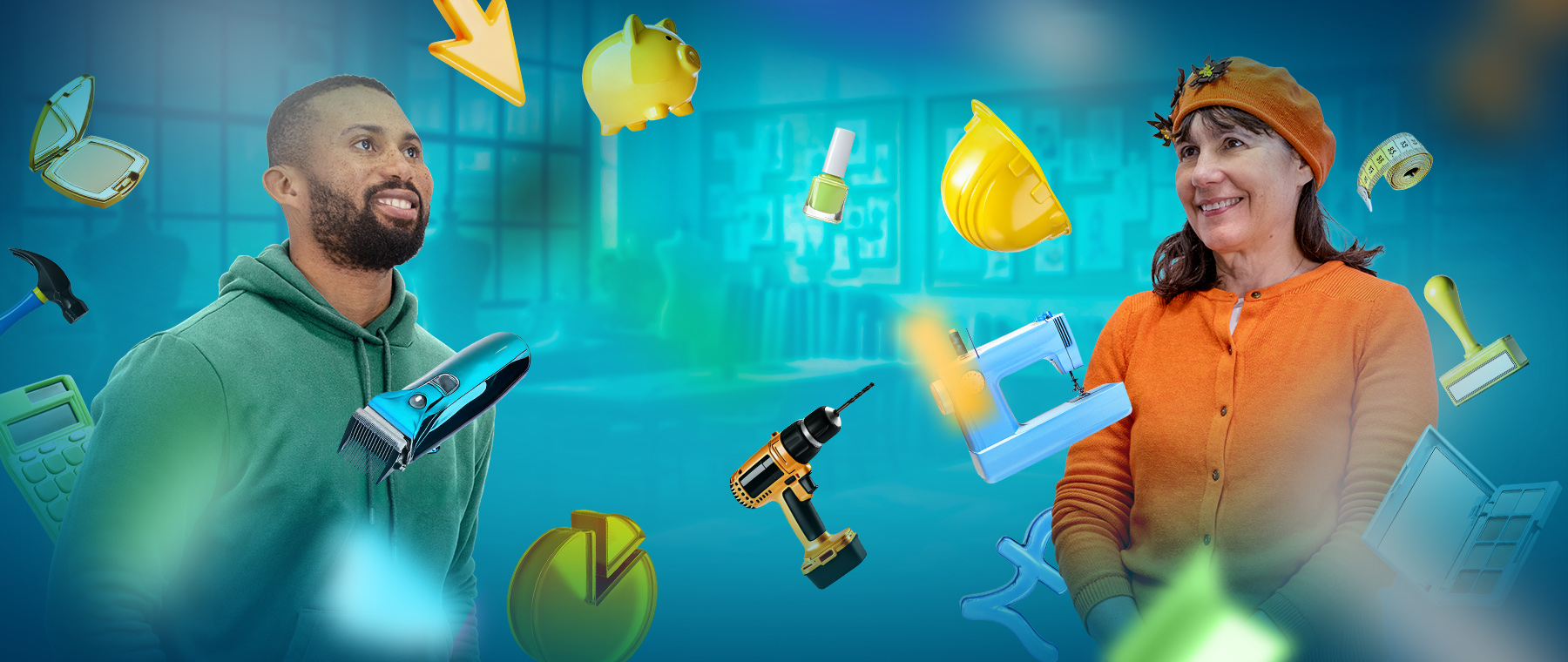 Two people look upwards with aspiration whilst objects from their courses float around them