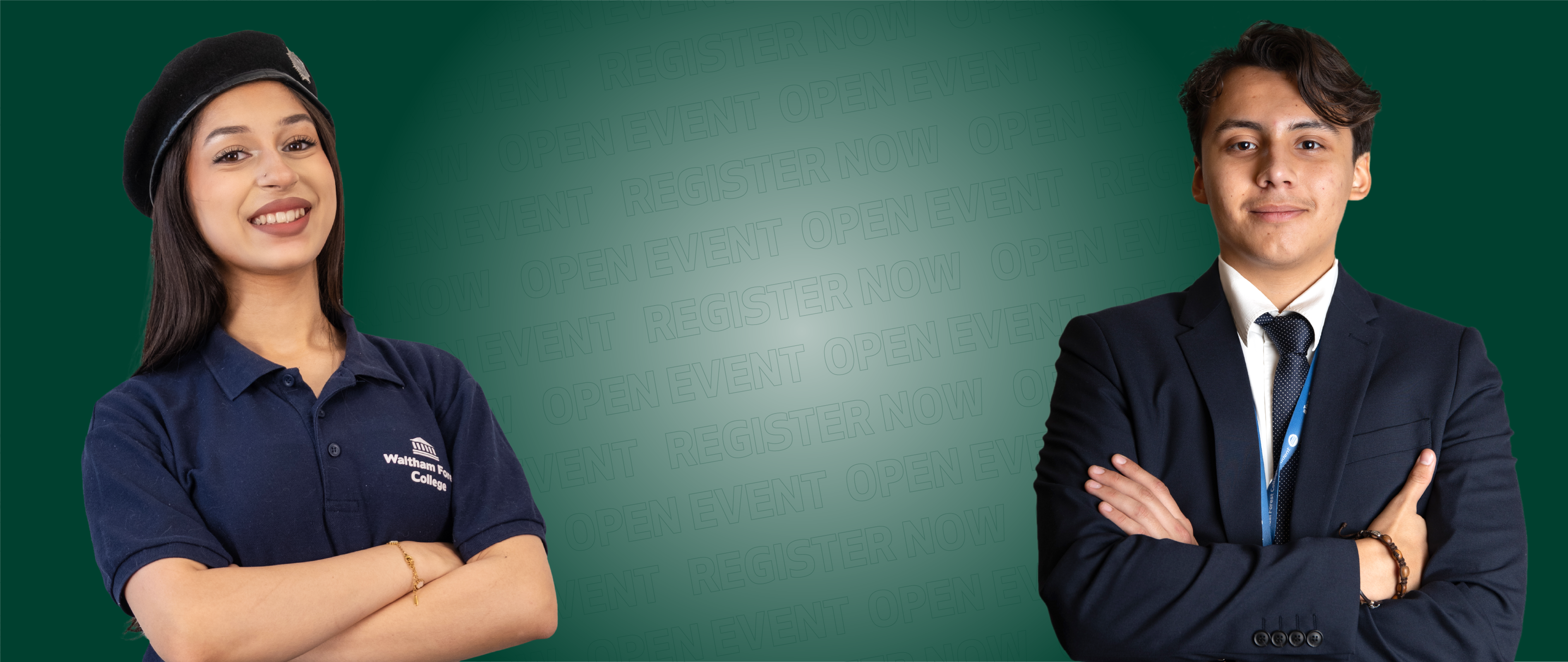 Two students stand looking at the camera with a green background